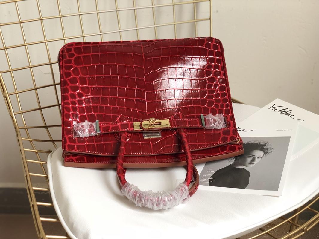 Original Copy Hermes Birkin 30cm 35cm Crocodile Head Stripe Handbags Red With Gold