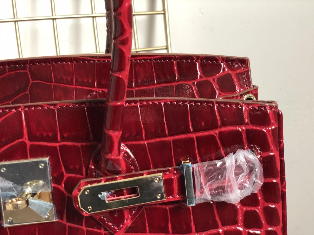 Original Copy Hermes Birkin 30cm 35cm Crocodile Head Stripe Handbags Red With Gold