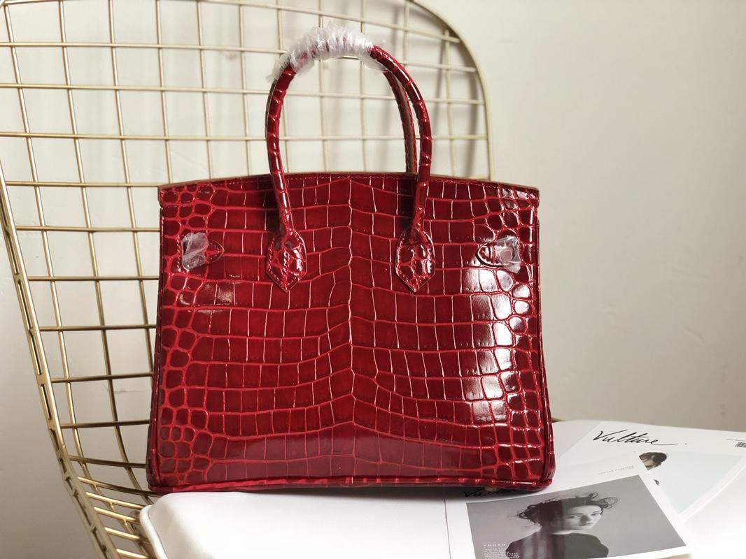 Original Copy Hermes Birkin 30cm 35cm Crocodile Head Stripe Handbags Red With Gold