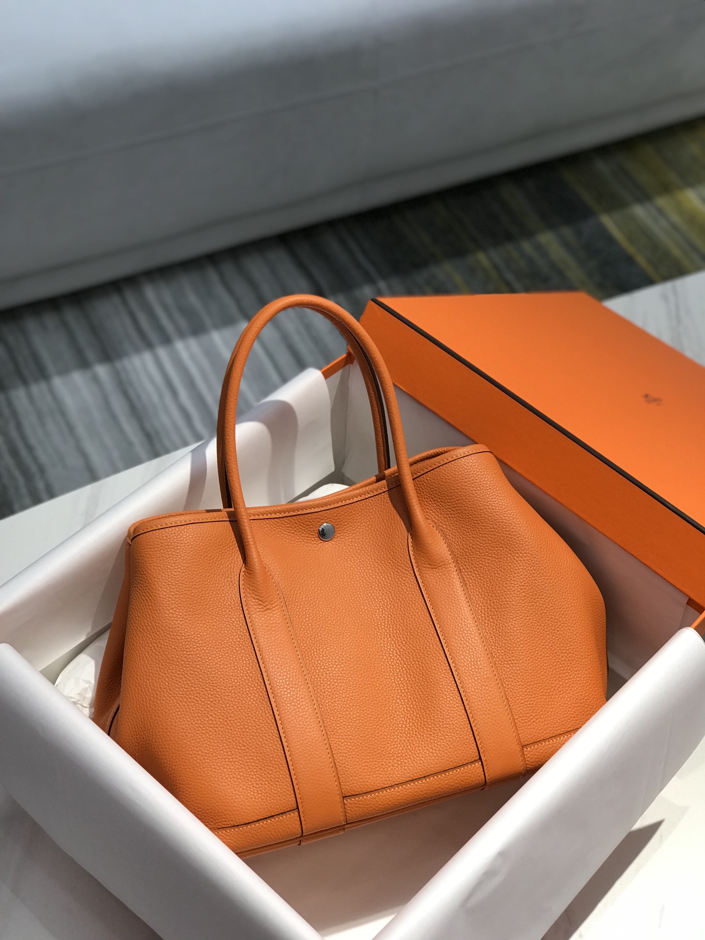 Original Copy Hermes Garden Party Leather Handbags Orange 36cm 