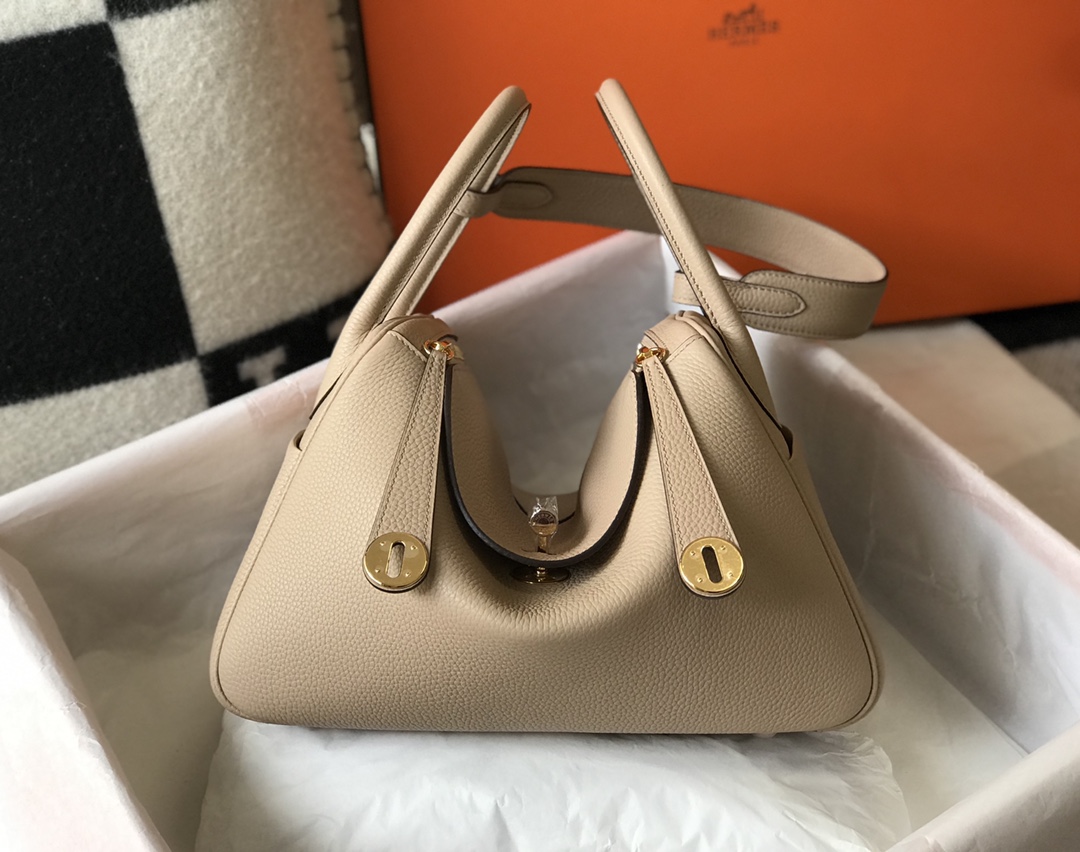 Original Copy Hermes Lindy Handbag Calfskin Beige with Gold and Sliver Hardware