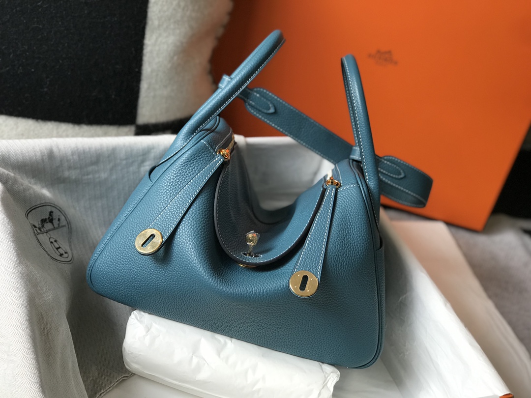 Original Copy Hermes Lindy Handbag Calfskin Blue with Gold and Sliver Hardware