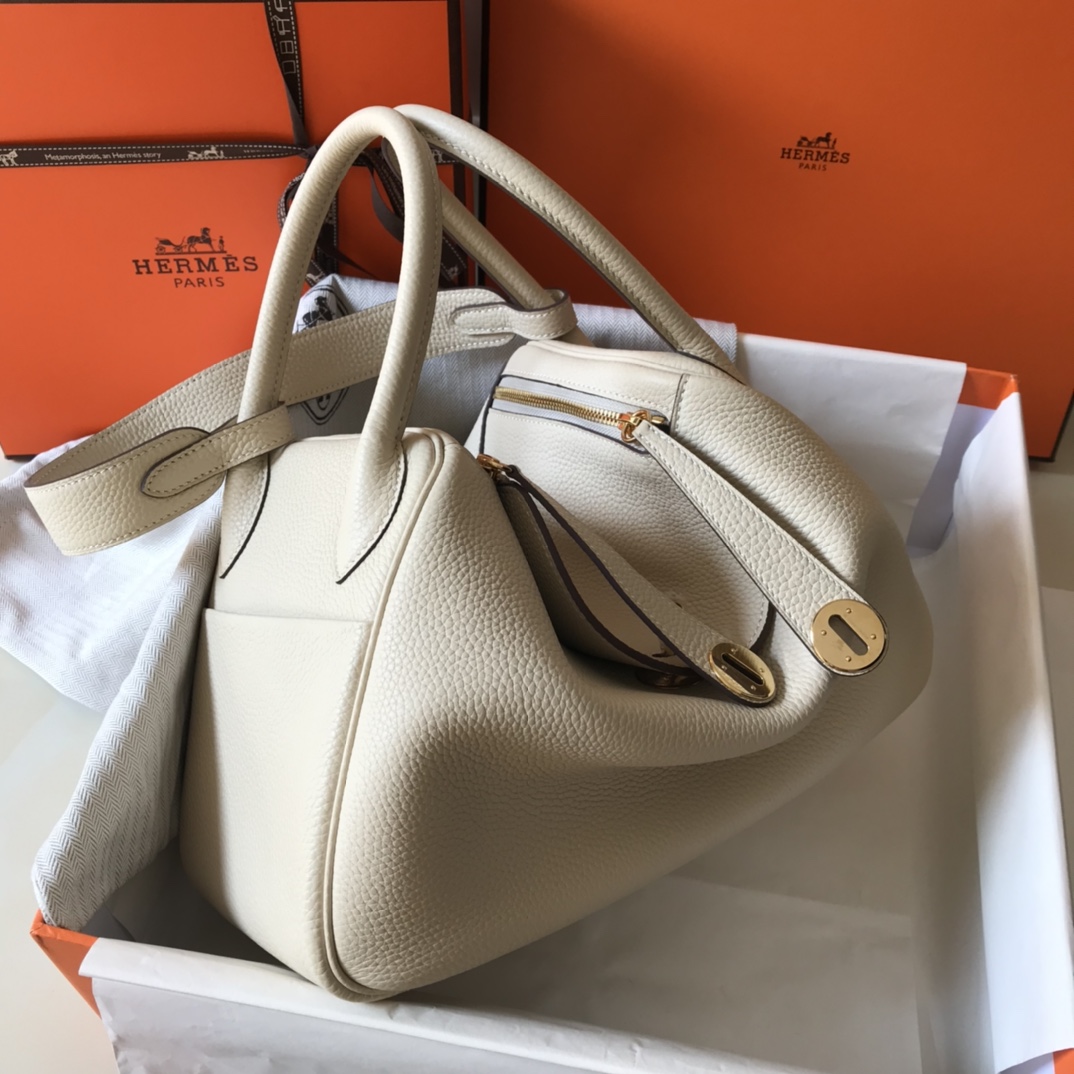 Original Copy Hermes Lindy Handbag Calfskin White with Gold and Sliver Hardware