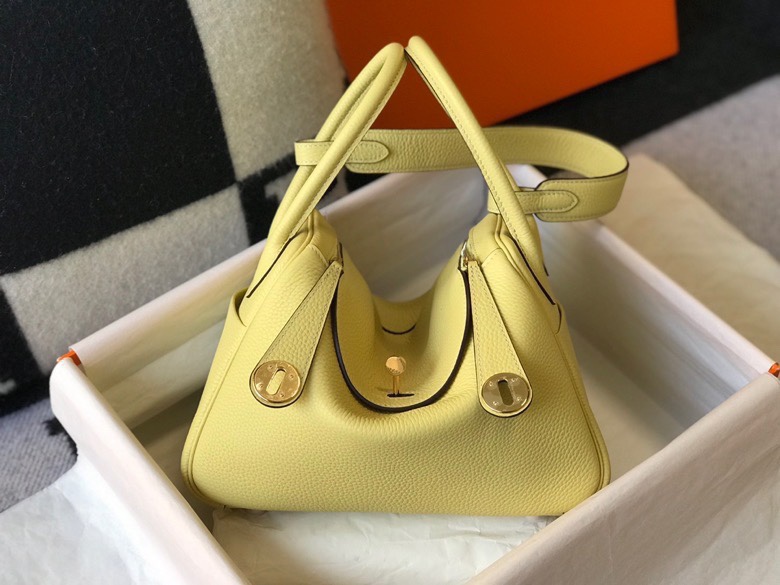 Original Copy Hermes Lindy Handbag Calfskin Yellow with Gold and Sliver Hardware