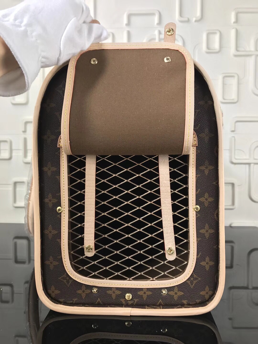 Original Copy Louis Vuitton M42021 Dog Carrier 50 Monogram Canvas Cross Grain Rounded Leather Handles