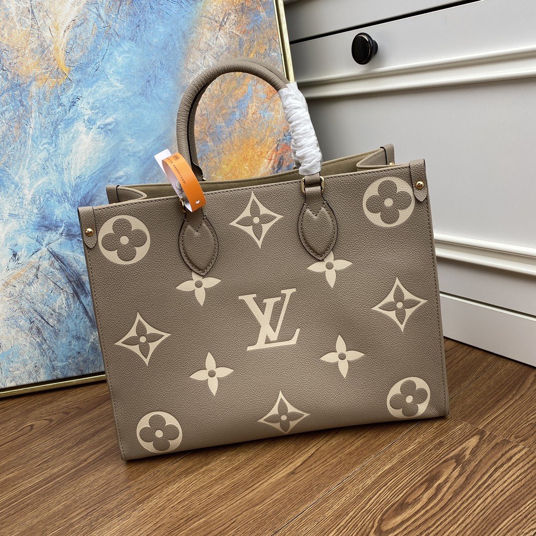 Original Copy Louis Vuitton M45494 OnTheGo MM Tote Bag Gray Embossed Grained Cowhide Leather