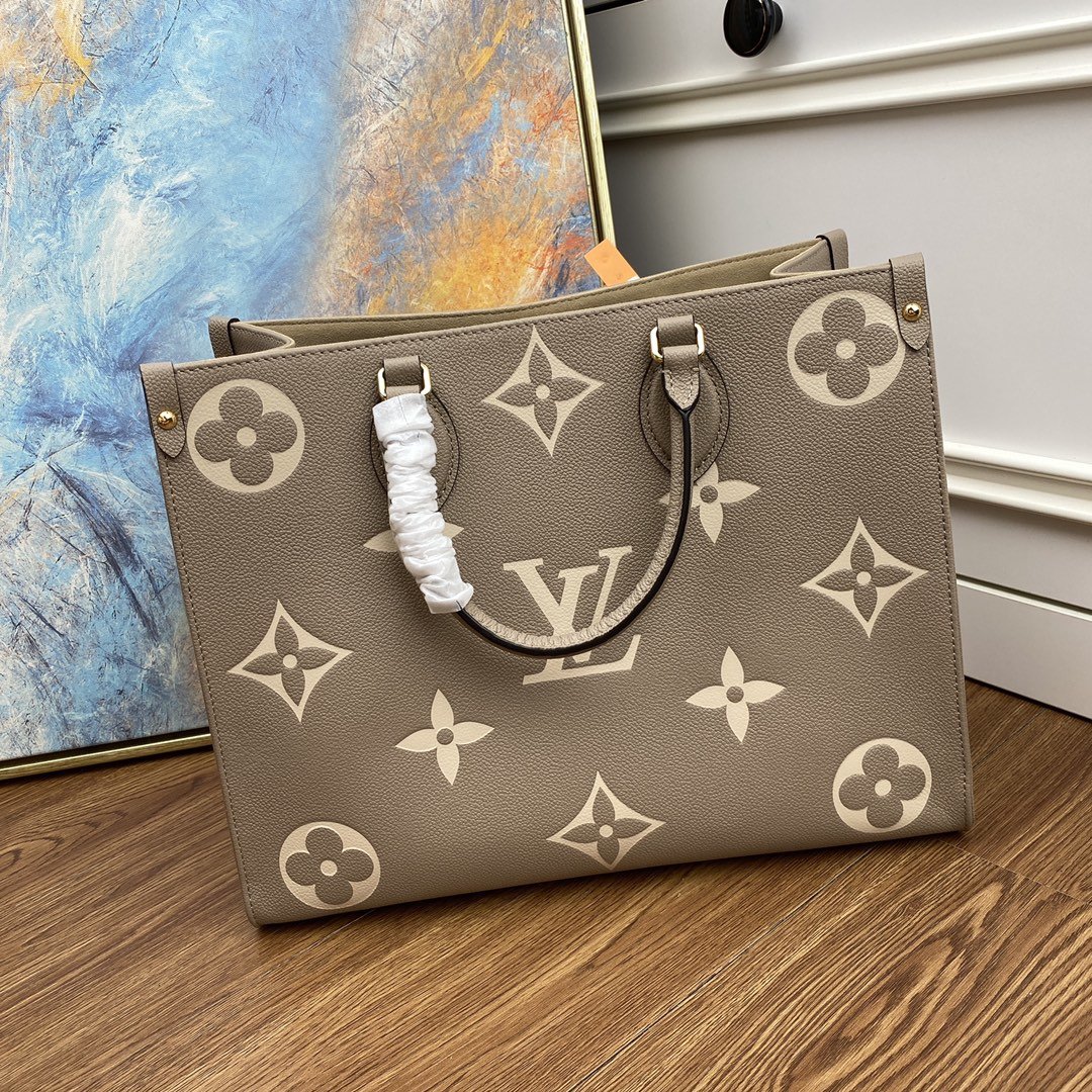 Original Copy Louis Vuitton M45494 OnTheGo MM Tote Bag Gray Embossed Grained Cowhide Leather