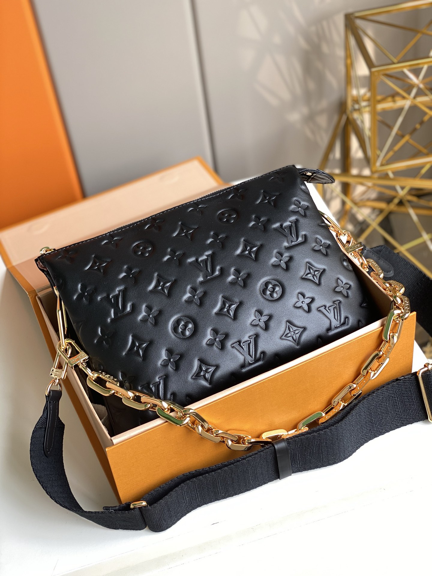 Original Copy Louis Vuitton M57790 Coussin PM Monogram-embossed Puffy Lambskin Black