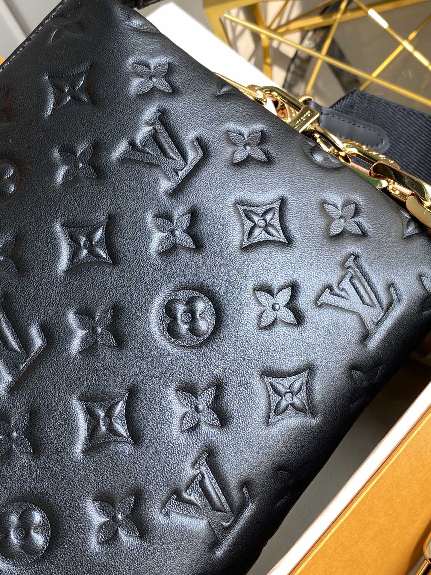 Original Copy Louis Vuitton M57790 Coussin PM Monogram-embossed Puffy Lambskin Black