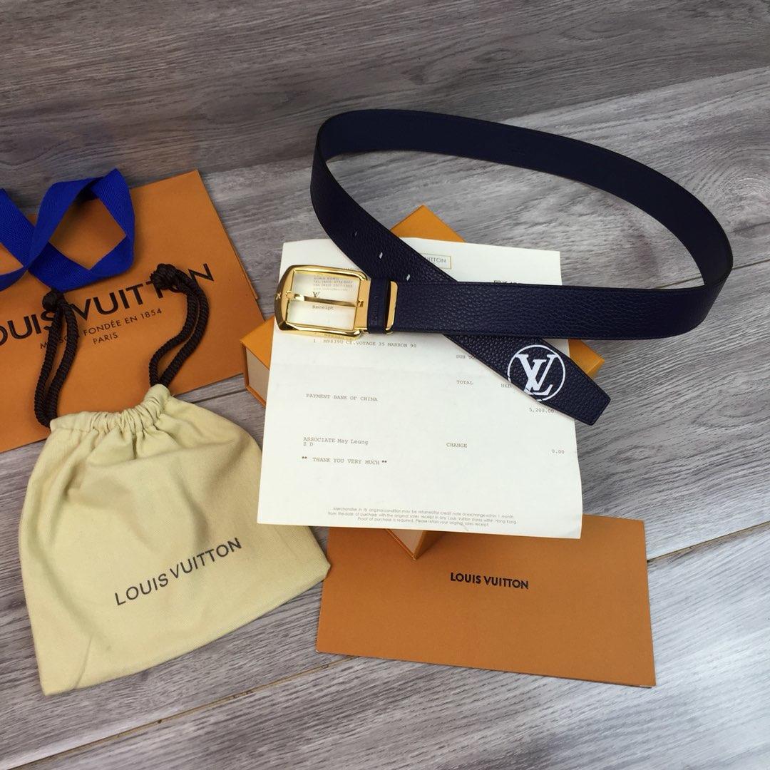 Original Copy Louis Vuitton Width 3.5cm Men Leather Belt Blue With Gold Buckle 043