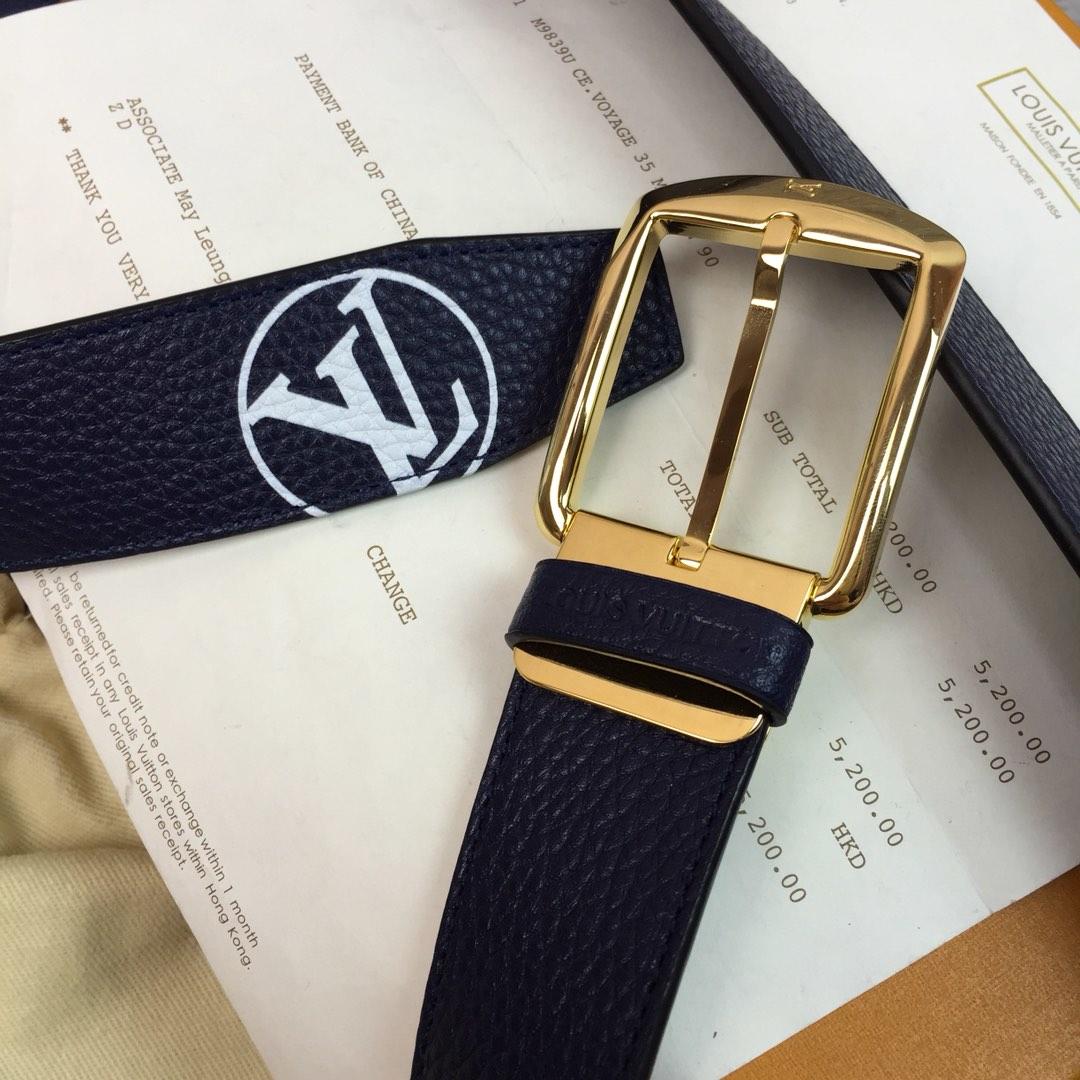 Original Copy Louis Vuitton Width 3.5cm Men Leather Belt Blue With Gold Buckle 043