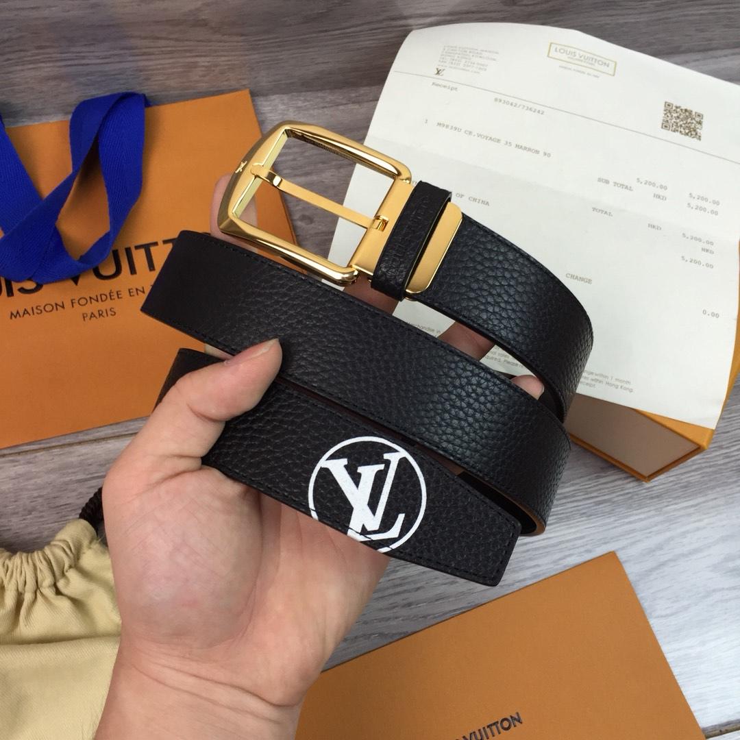 Original Copy Louis Vuitton Width 3.5cm Men Leather Belt With Gold Buckle 041