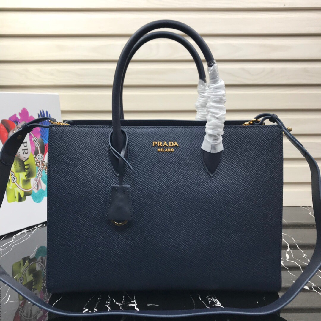 Original Copy Prada 1BA153 Large Saffiano Leather Handbag Blue with Yellow