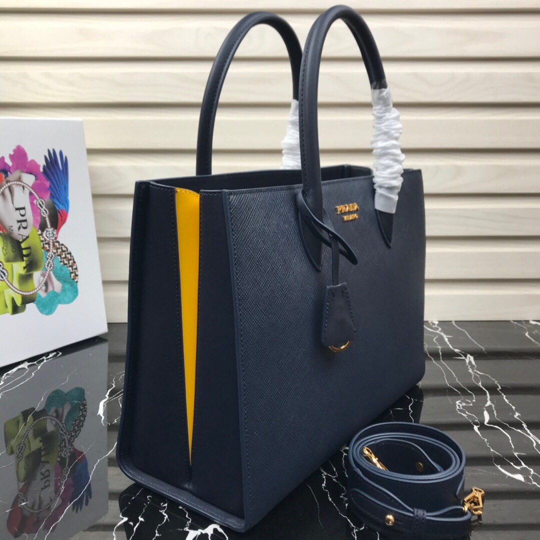 Original Copy Prada 1BA153 Large Saffiano Leather Handbag Blue with Yellow