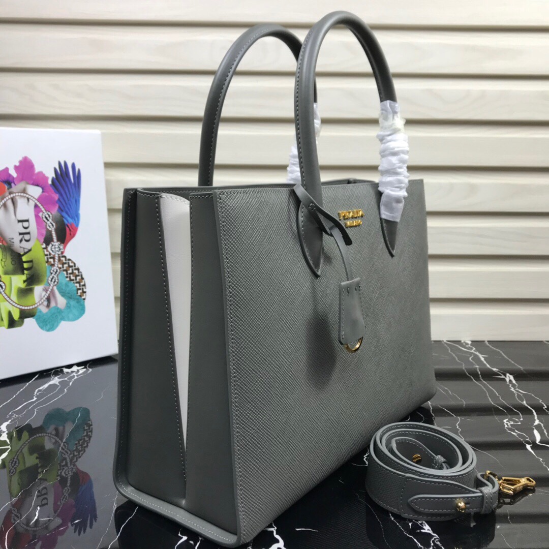 Original Copy Prada 1BA153 Large Saffiano Leather Handbag Gray with White