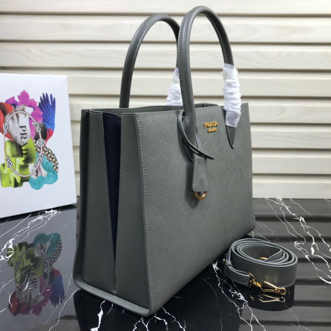 Original Copy Prada 1BA153 Large Saffiano Leather Handbag Light Gray with Black