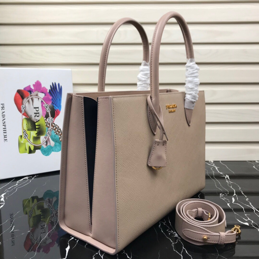 Original Copy Prada 1BA153 Large Saffiano Leather Handbag Light Pink with Black