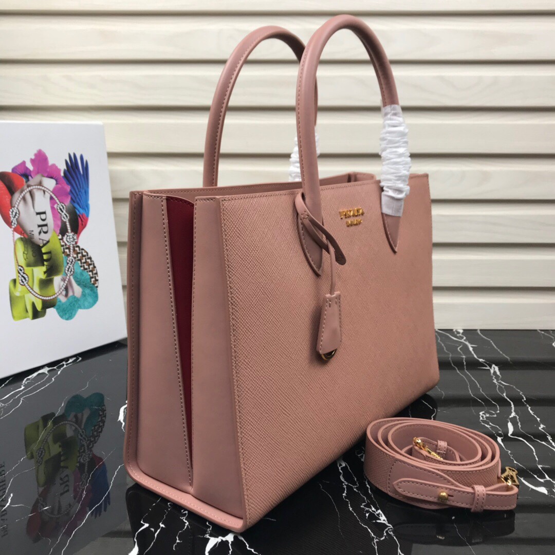 Original Copy Prada 1BA153 Large Saffiano Leather Handbag Pink with Red