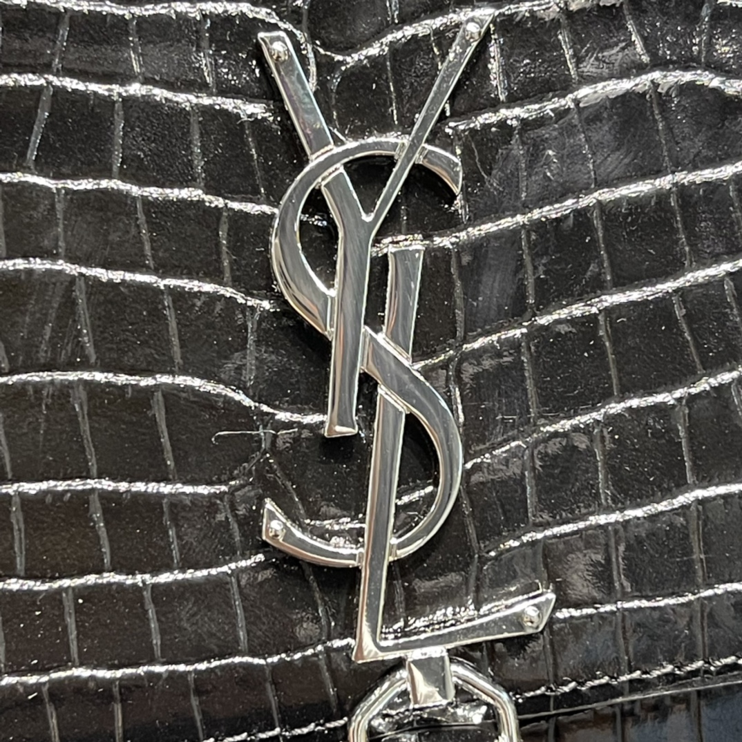 Original Copy Saint Laurent Kate Chain Wallet with Tassel in Crocodile-Embossed Shiny Leather Gold Hardware Black With Sliver