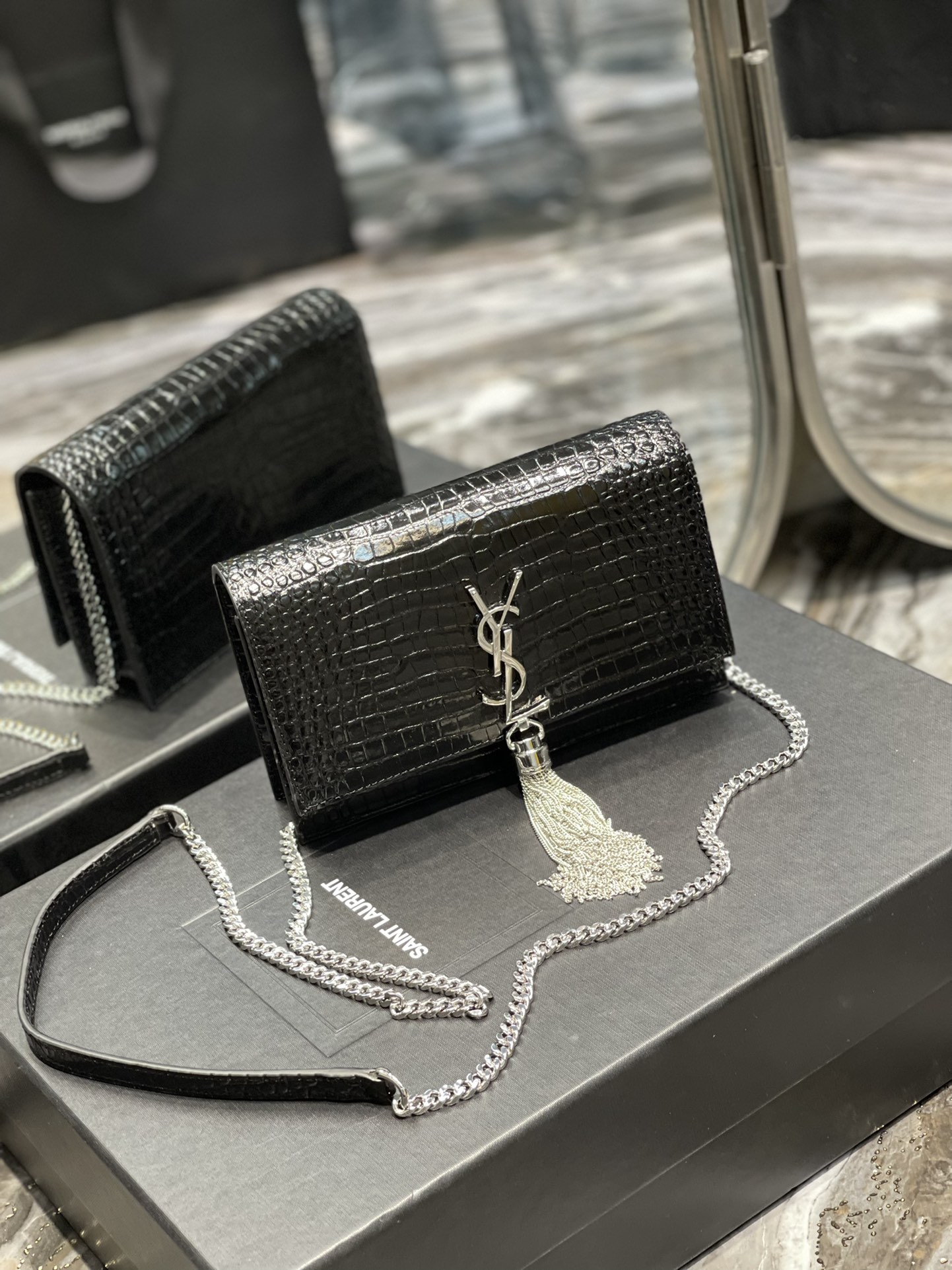 Original Copy Saint Laurent Kate Chain Wallet with Tassel in Crocodile-Embossed Shiny Leather Gold Hardware Black With Sliver