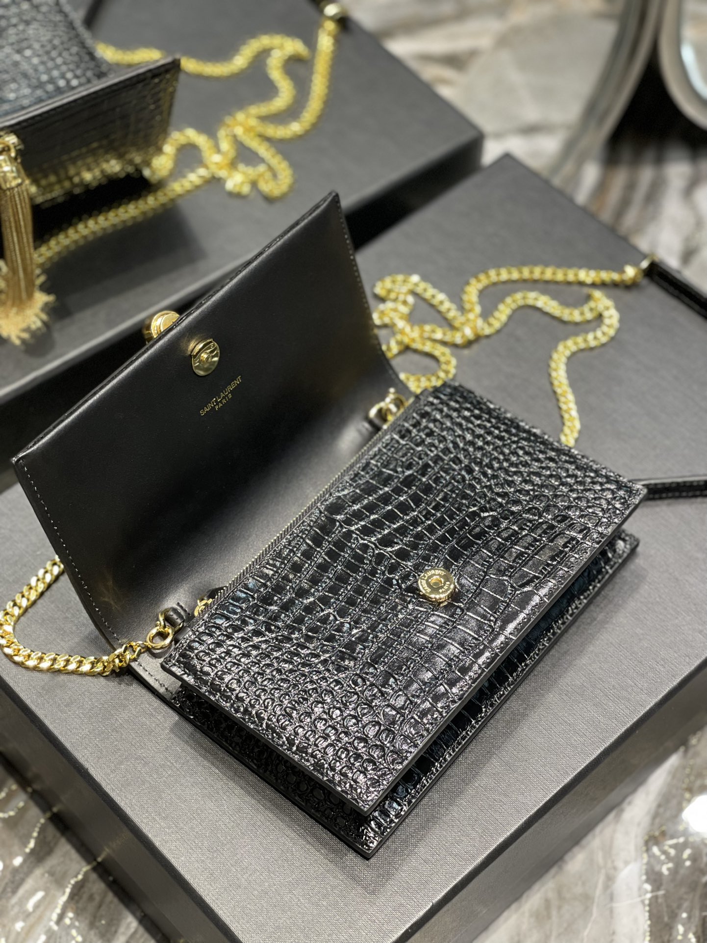 Original Copy Saint Laurent Kate Chain Wallet with Tassel in Crocodile-Embossed Shiny Leather Gold Hardware Black