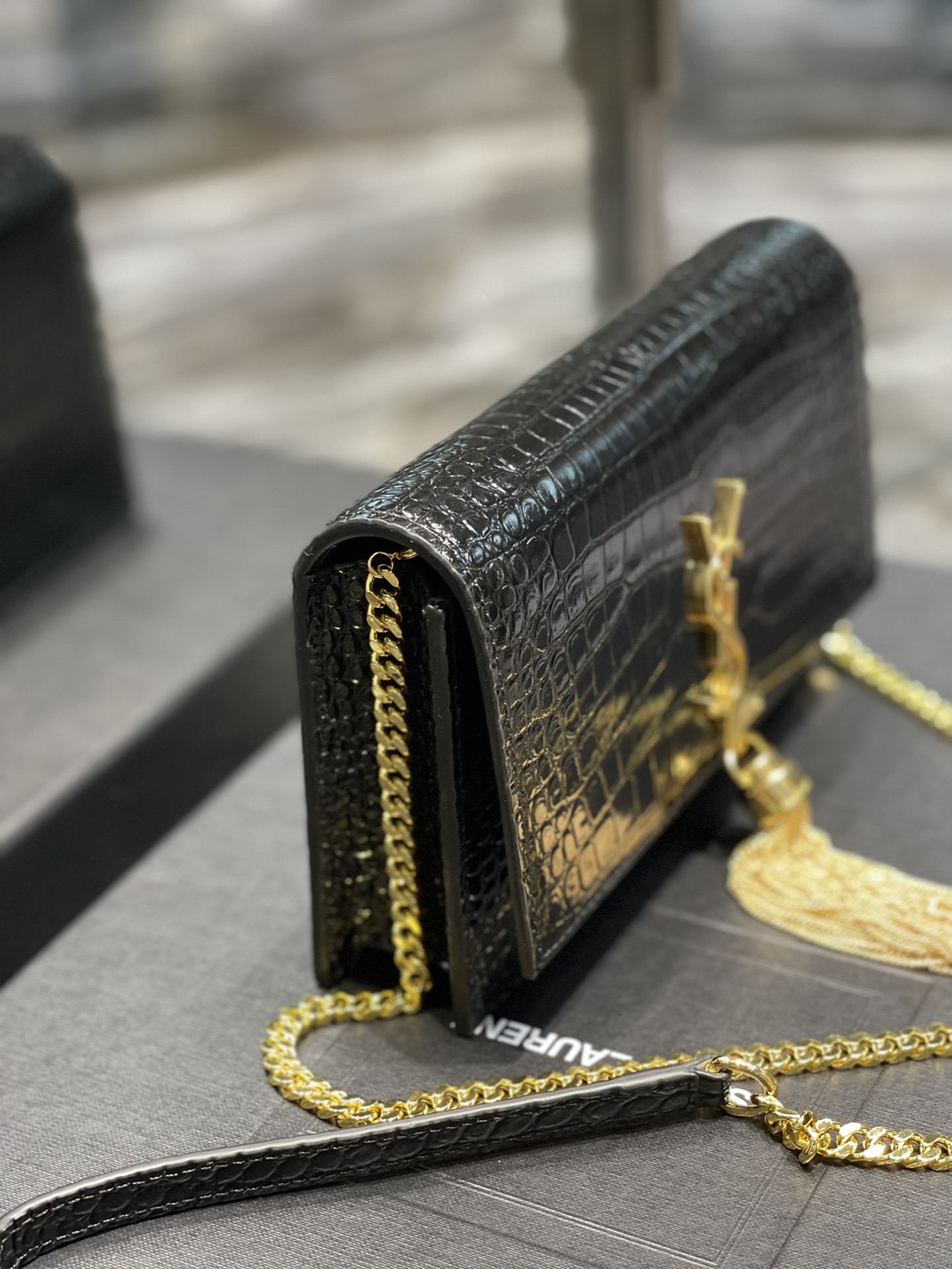 Original Copy Saint Laurent Kate Chain Wallet with Tassel in Crocodile-Embossed Shiny Leather Gold Hardware Black