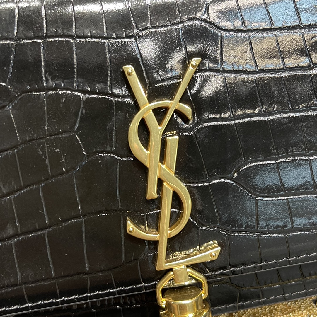 Original Copy Saint Laurent Kate Chain Wallet with Tassel in Crocodile-Embossed Shiny Leather Gold Hardware Black