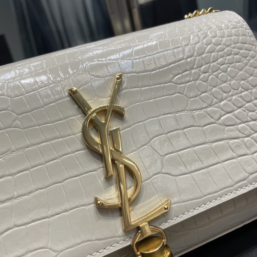 Original Copy Saint Laurent Kate Chain Wallet with Tassel in Crocodile-Embossed Shiny Leather Gold Hardware White