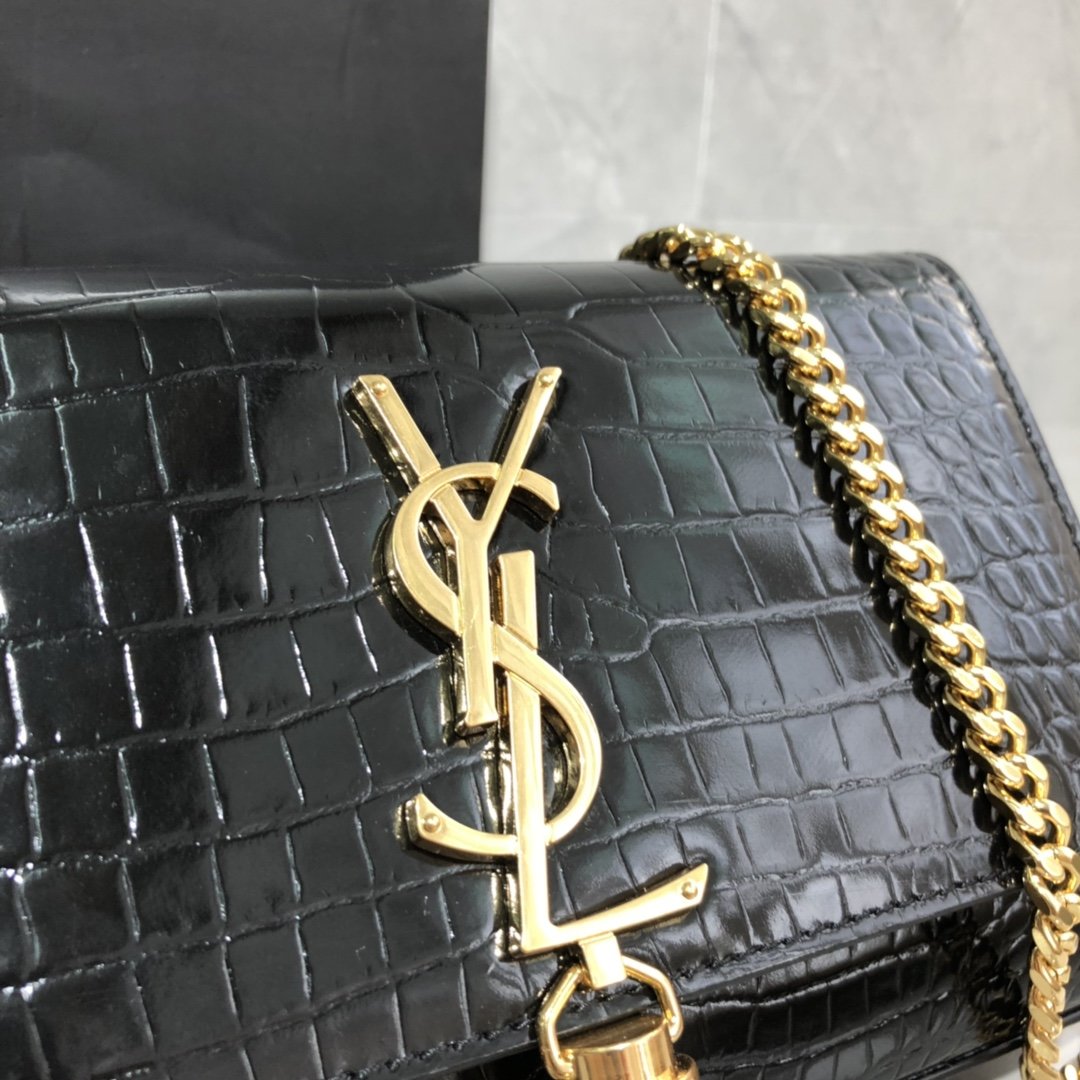 Original Copy Saint Laurent Kate Chain Wallet with Tassel in Crocodile-Embossed Shiny Leather Gold Hardware