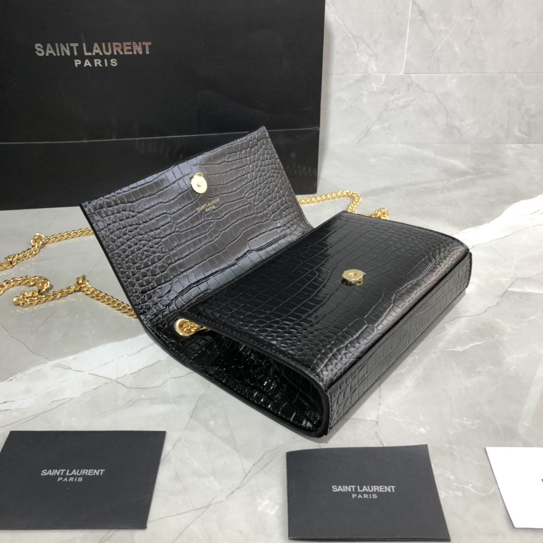 Original Copy Saint Laurent Kate Chain Wallet with Tassel in Crocodile-Embossed Shiny Leather Gold Hardware