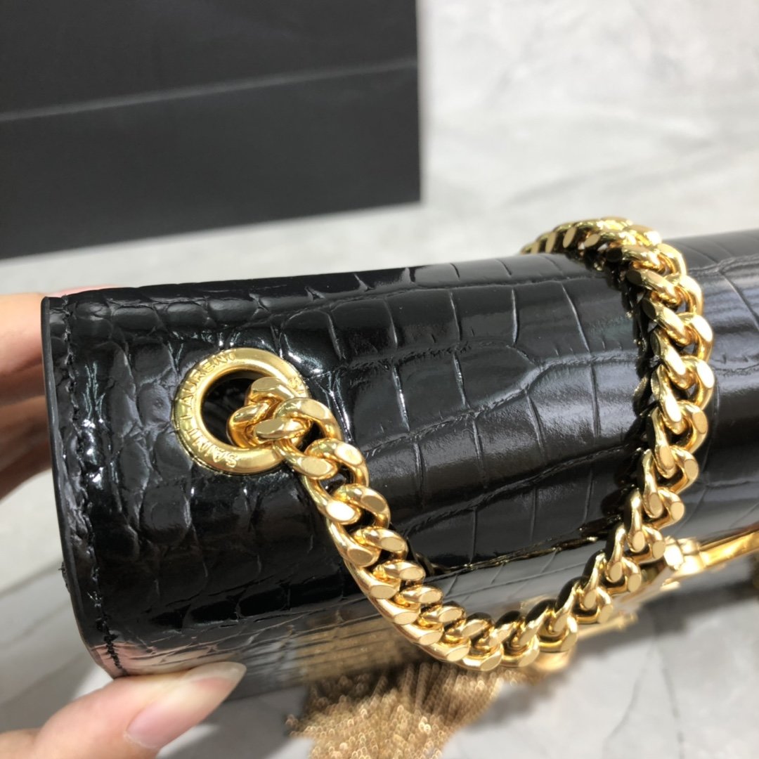 Original Copy Saint Laurent Kate Chain Wallet with Tassel in Crocodile-Embossed Shiny Leather Gold Hardware