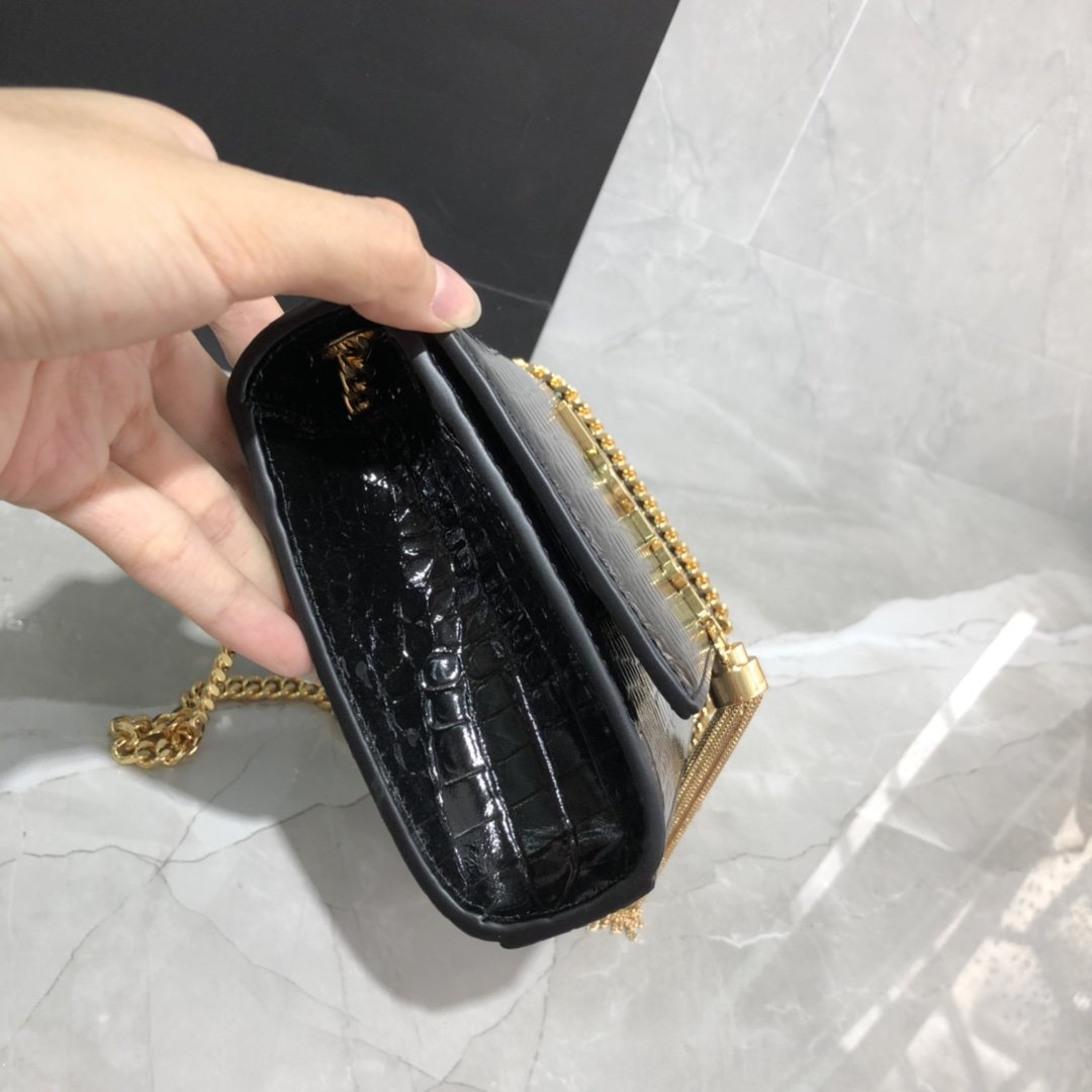 Original Copy Saint Laurent Kate Chain Wallet with Tassel in Crocodile-Embossed Shiny Leather Gold Hardware