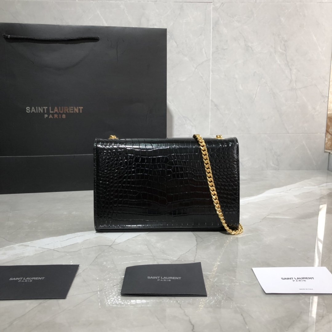 Original Copy Saint Laurent Kate Chain Wallet with Tassel in Crocodile-Embossed Shiny Leather Gold Hardware