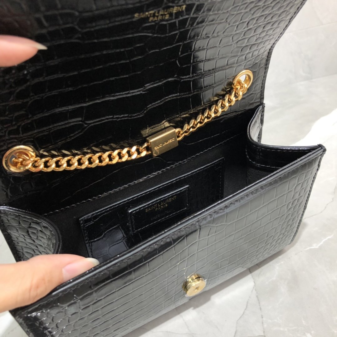 Original Copy Saint Laurent Kate Chain Wallet with Tassel in Crocodile-Embossed Shiny Leather Gold Hardware