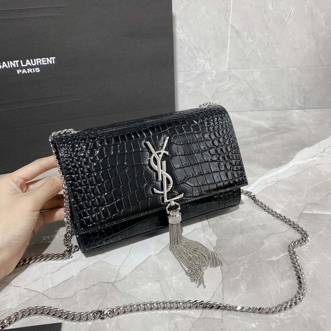 Original Copy Saint Laurent Kate Chain Wallet with Tassel in Crocodile-Embossed Shiny Leather Sliver Hardware