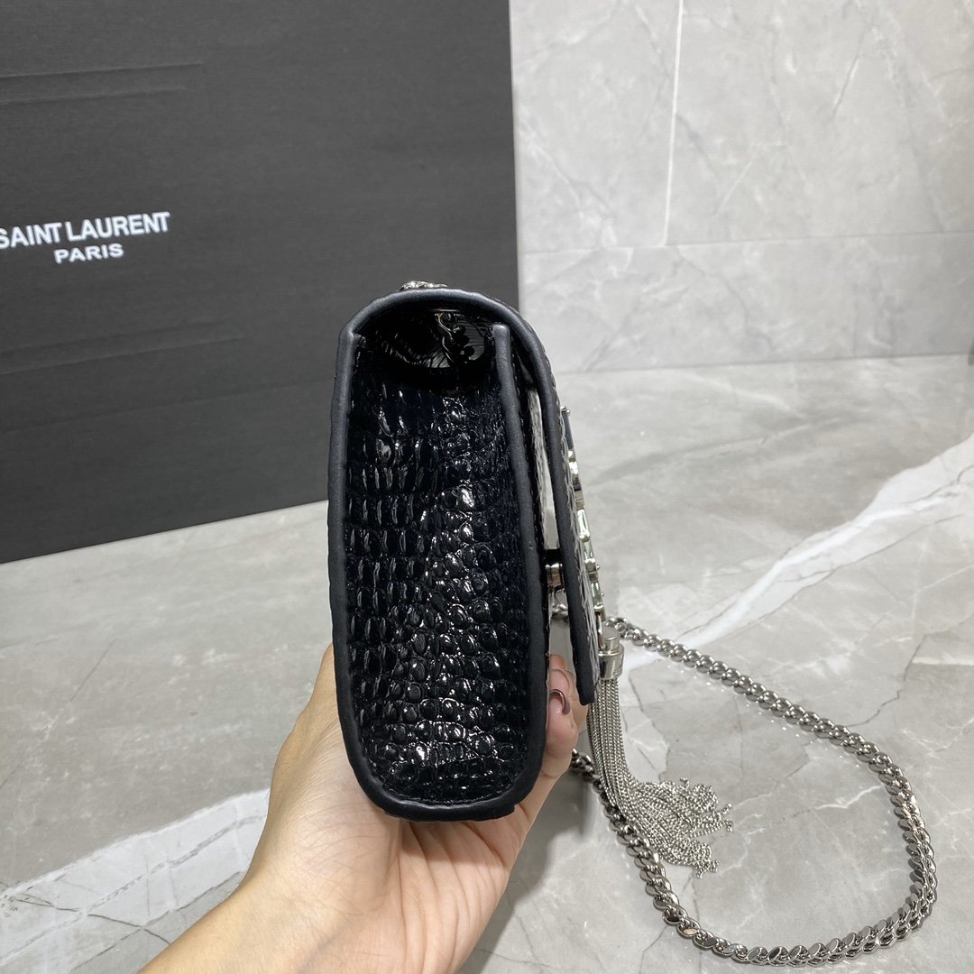 Original Copy Saint Laurent Kate Chain Wallet with Tassel in Crocodile-Embossed Shiny Leather Sliver Hardware