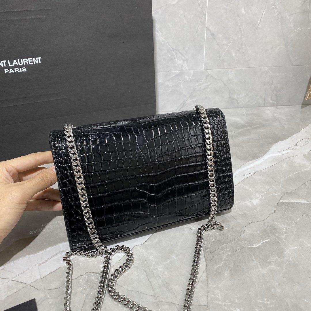 Original Copy Saint Laurent Kate Chain Wallet with Tassel in Crocodile-Embossed Shiny Leather Sliver Hardware