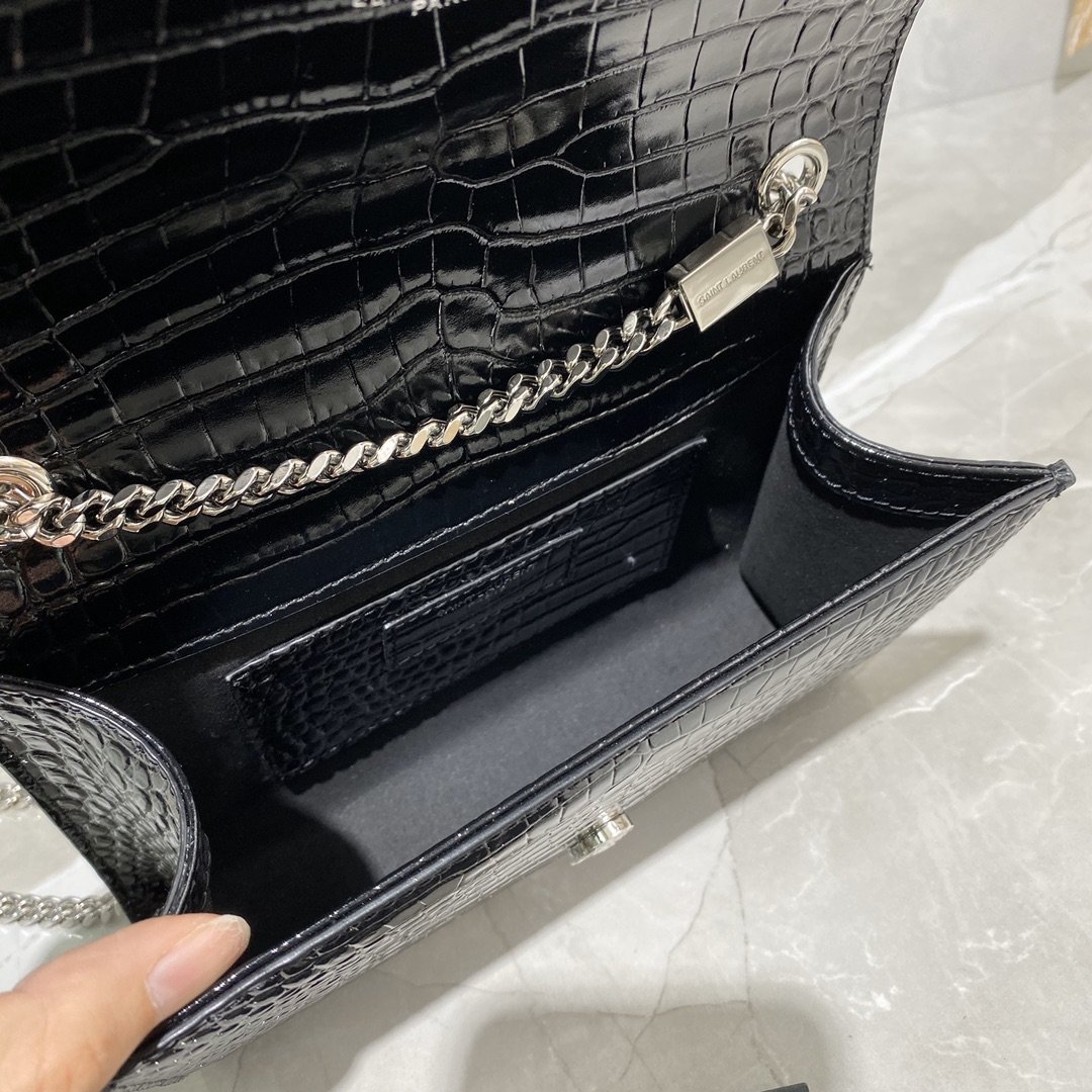 Original Copy Saint Laurent Kate Chain Wallet with Tassel in Crocodile-Embossed Shiny Leather Sliver Hardware