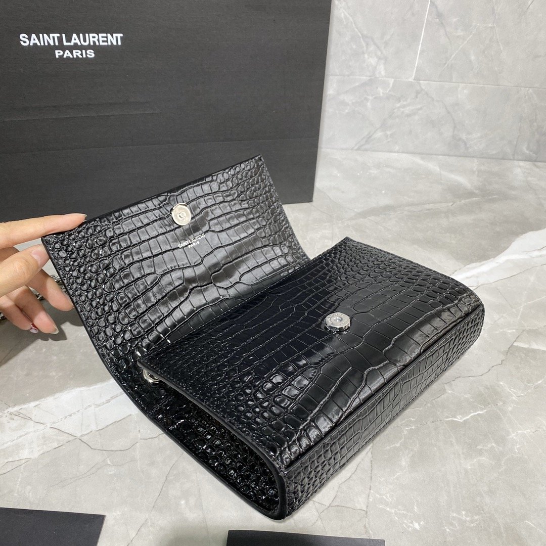 Original Copy Saint Laurent Kate Chain Wallet with Tassel in Crocodile-Embossed Shiny Leather Sliver Hardware