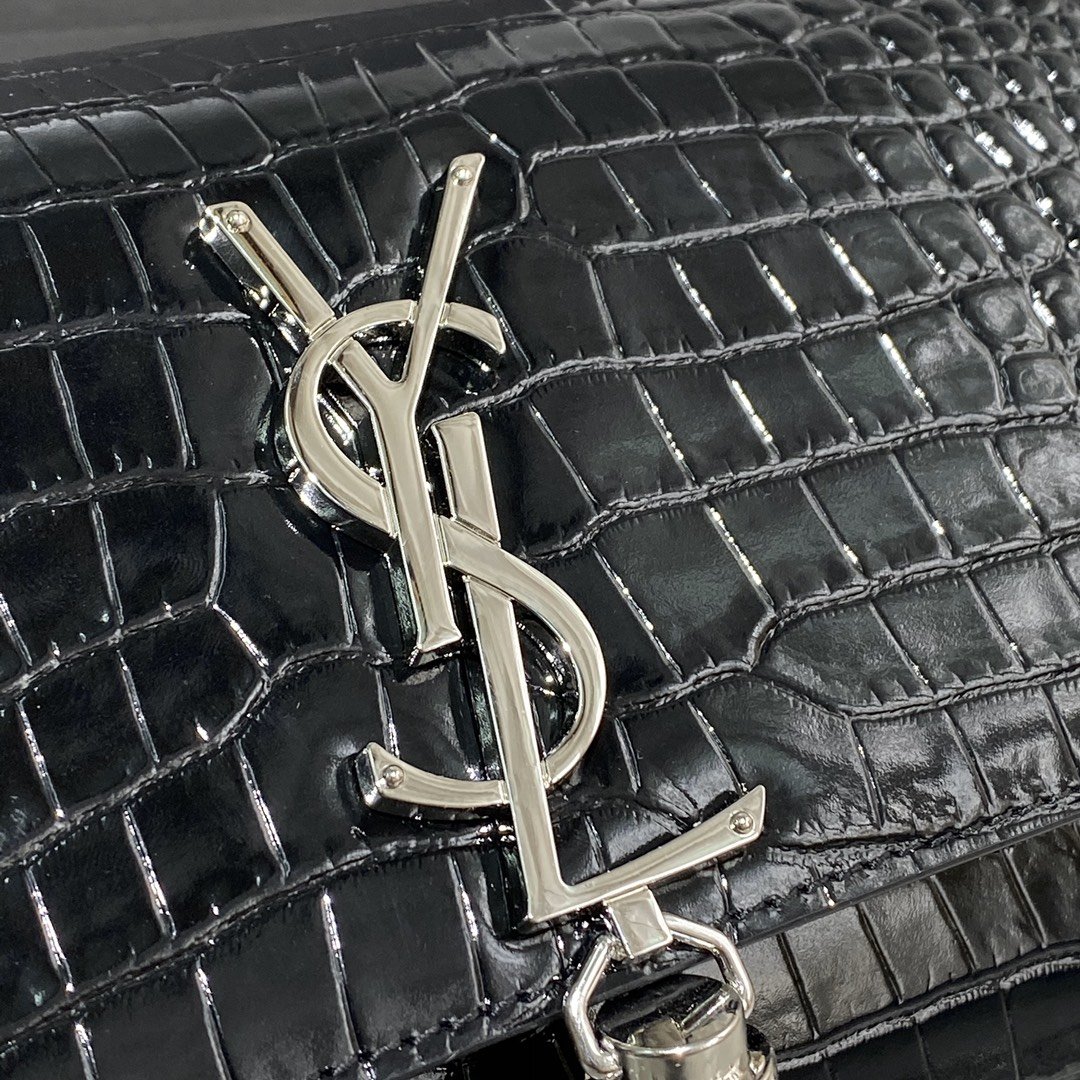 Original Copy Saint Laurent Kate Chain Wallet with Tassel in Crocodile-Embossed Shiny Leather Sliver Hardware