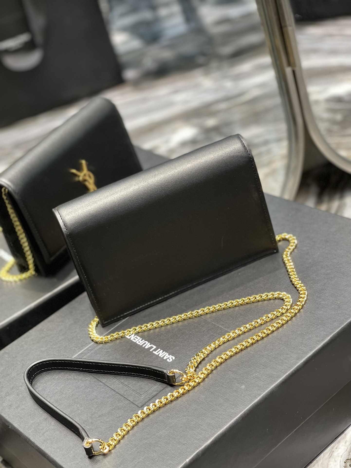 Original Copy Saint Laurent Kate Chain Wallet with Tassel in Smooth Leather with Gold