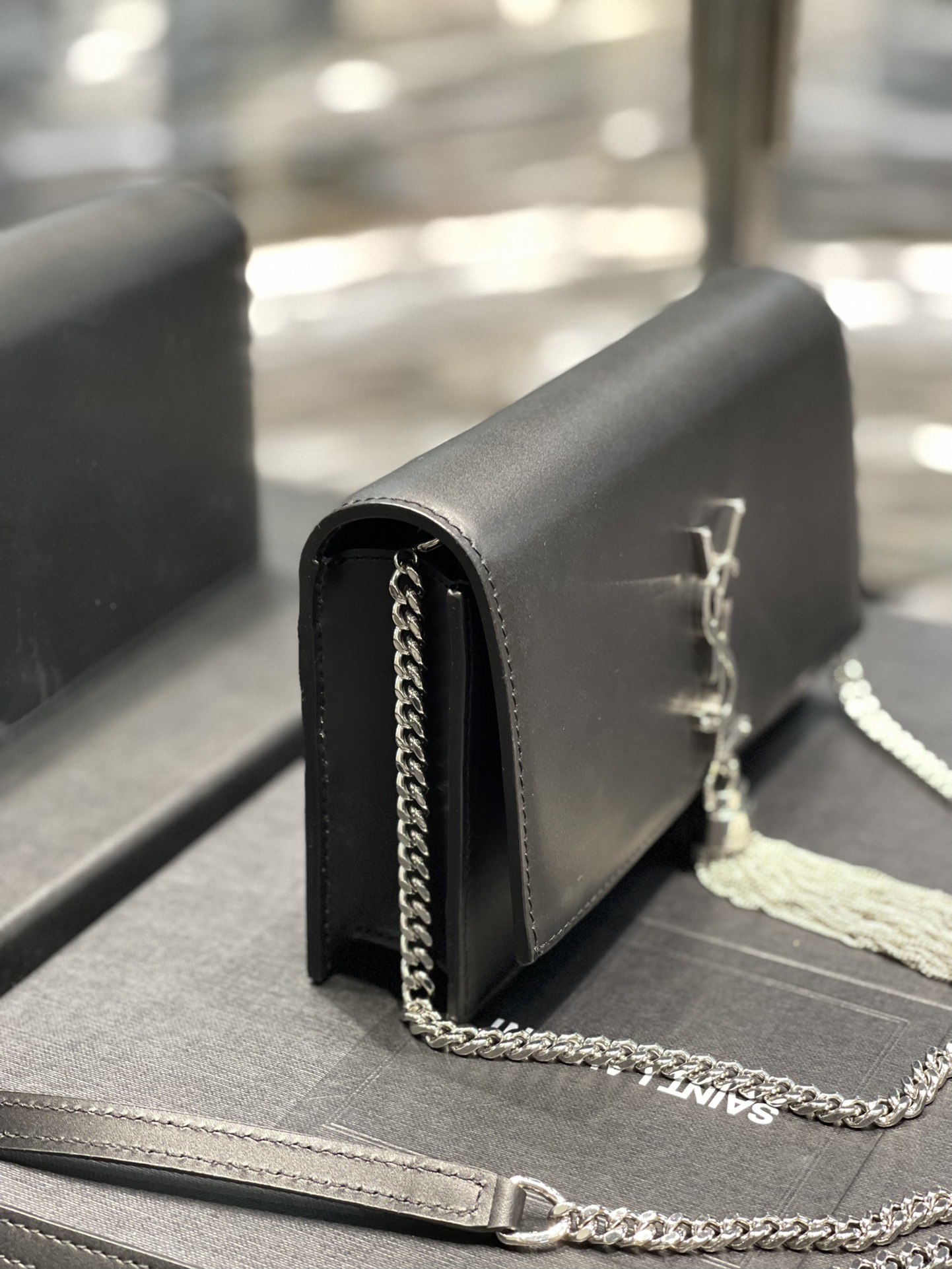 Original Copy Saint Laurent Kate Chain Wallet with Tassel in Smooth Leather with Sliver