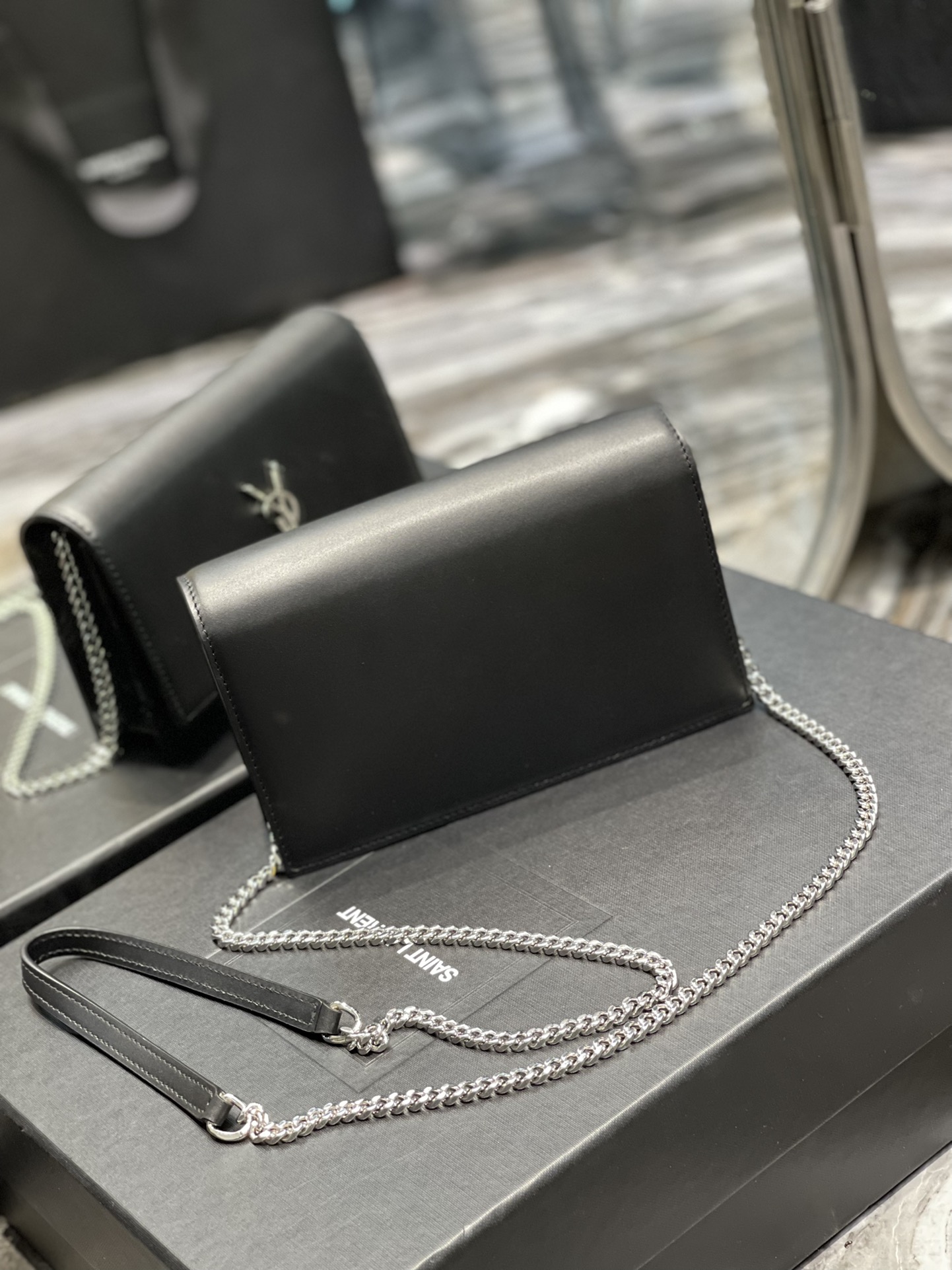 Original Copy Saint Laurent Kate Chain Wallet with Tassel in Smooth Leather with Sliver