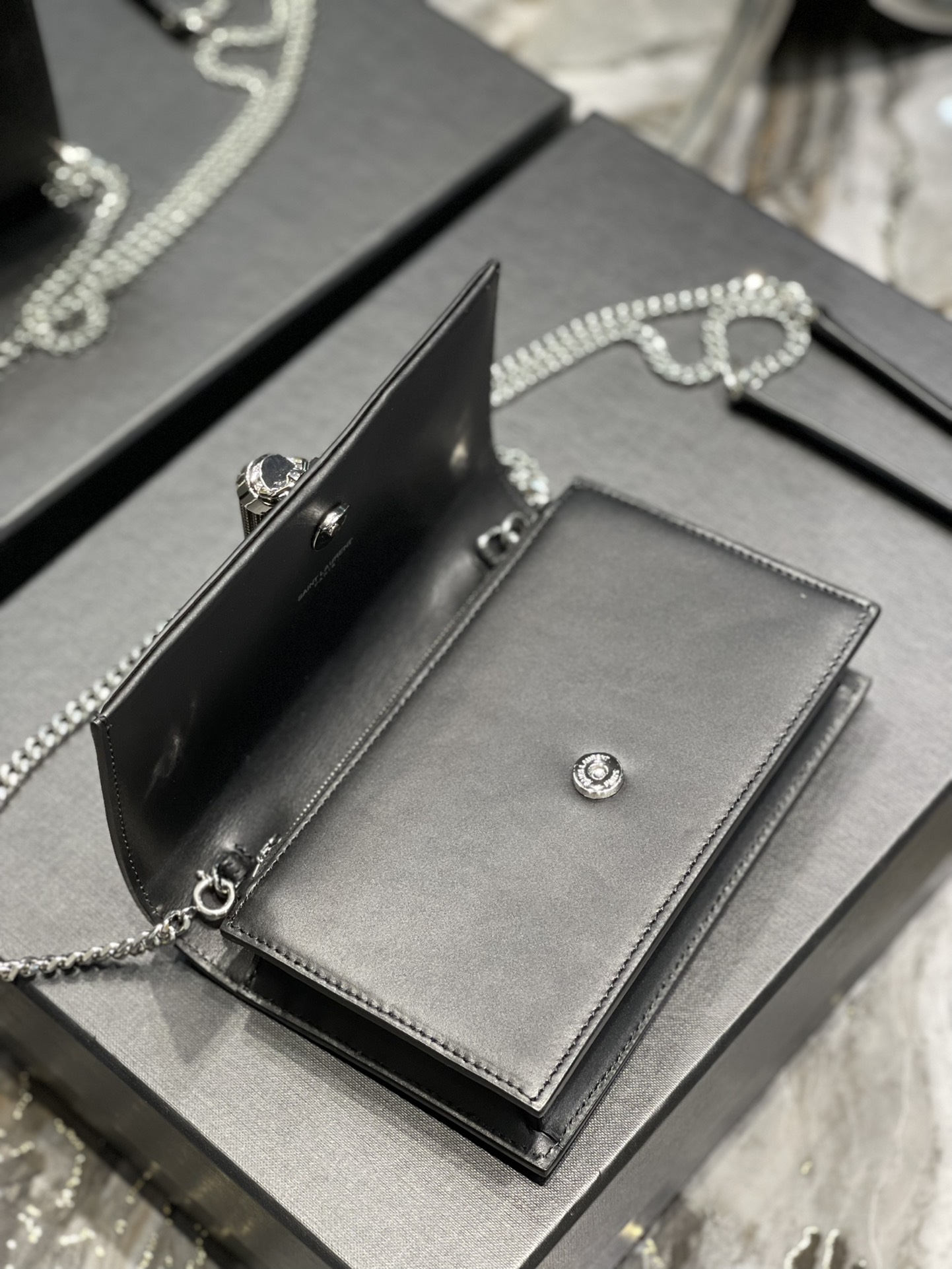 Original Copy Saint Laurent Kate Chain Wallet with Tassel in Smooth Leather with Sliver