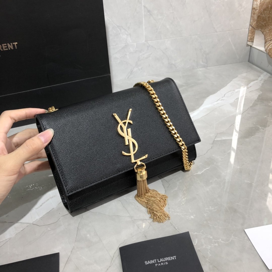 Original Copy Saint Laurent Small Kate Chain Bag in Black with Tassel in Grain de Poudre Embossed Leather Gold Hardware