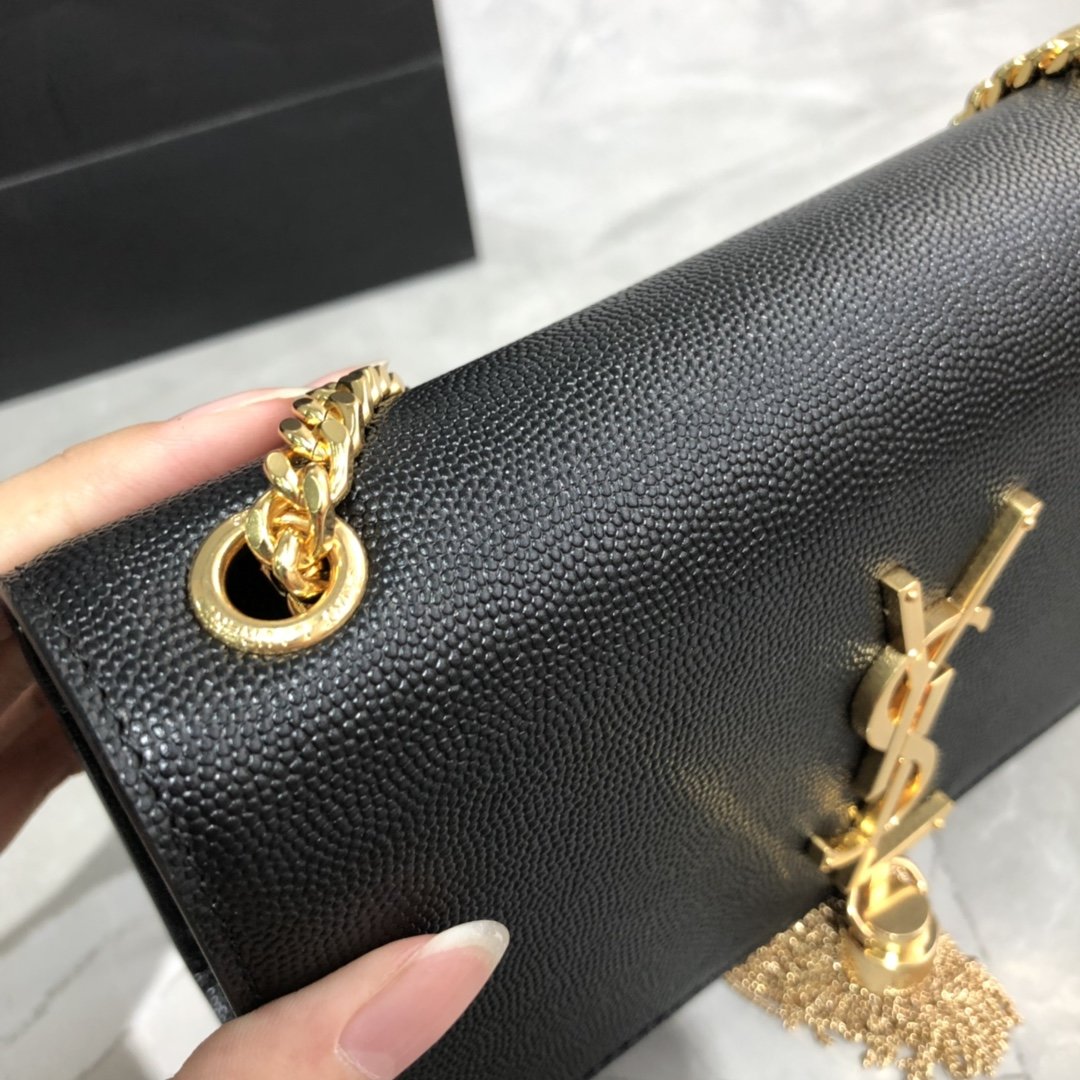 Original Copy Saint Laurent Small Kate Chain Bag in Black with Tassel in Grain de Poudre Embossed Leather Gold Hardware