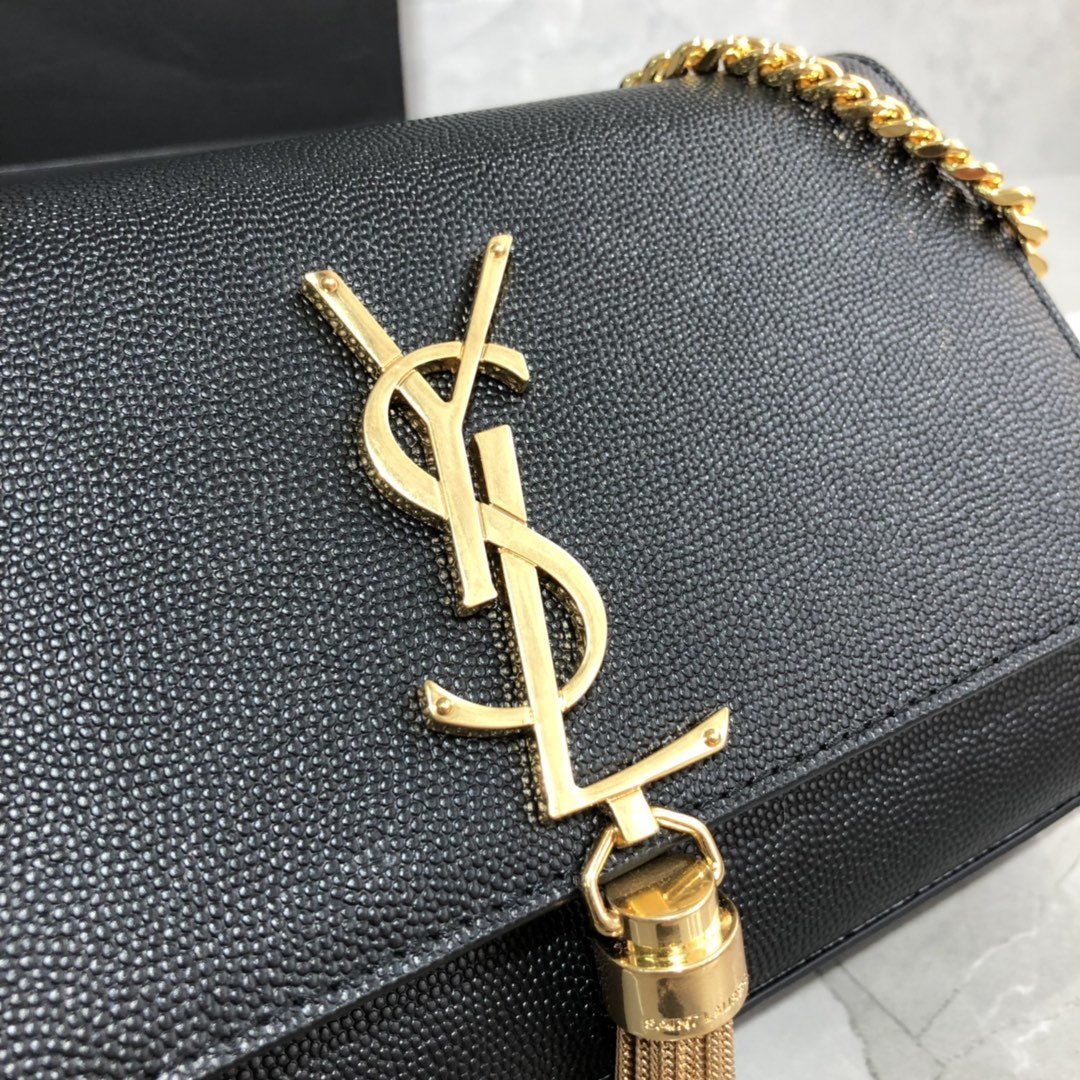 Original Copy Saint Laurent Small Kate Chain Bag in Black with Tassel in Grain de Poudre Embossed Leather Gold Hardware