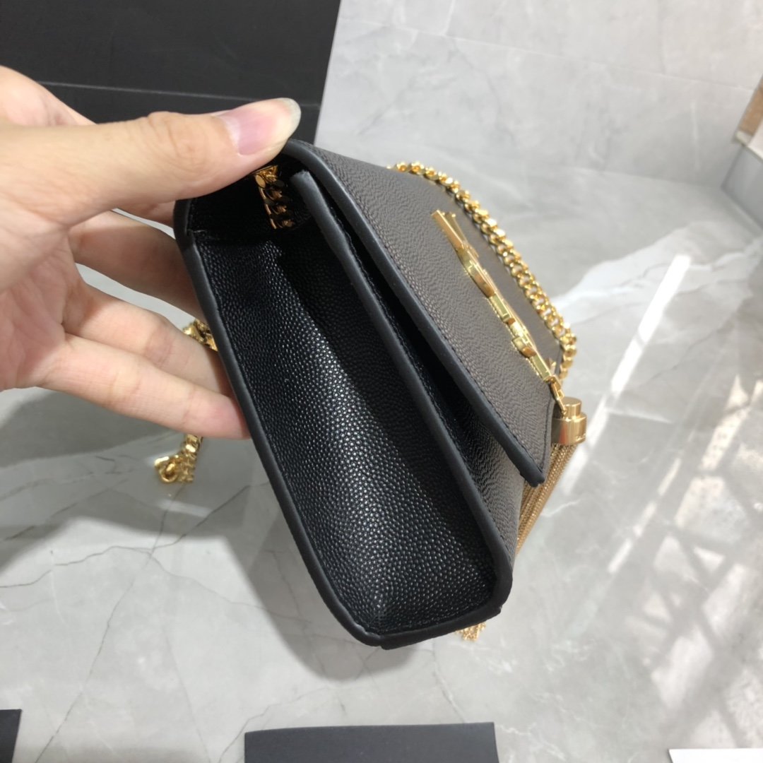 Original Copy Saint Laurent Small Kate Chain Bag in Black with Tassel in Grain de Poudre Embossed Leather Gold Hardware