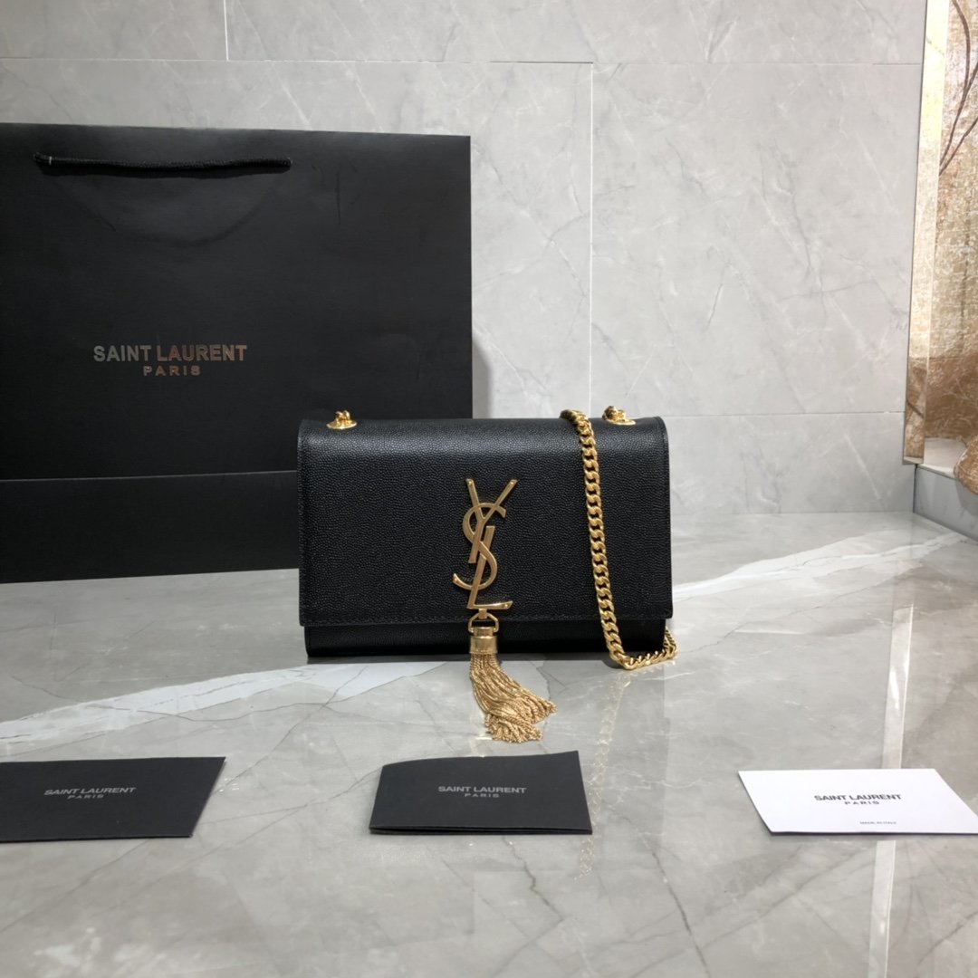 Original Copy Saint Laurent Small Kate Chain Bag in Black with Tassel in Grain de Poudre Embossed Leather Gold Hardware