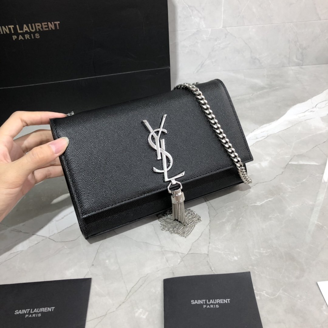 Original Copy Saint Laurent Small Kate Chain Bag in Black with Tassel in Grain de Poudre Embossed Leather Sliver Hardware